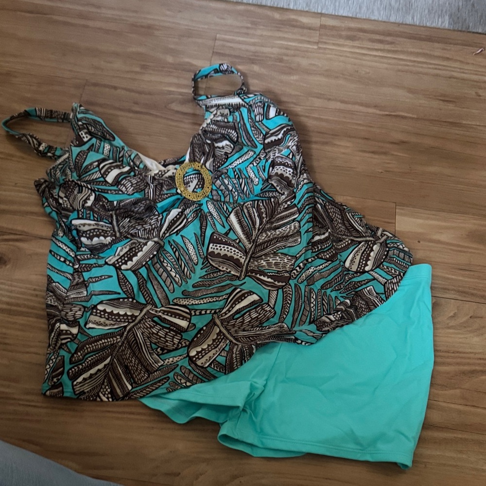 Coco Reef Turquoise & Brown Tropical Tankini with Solid Swim Short